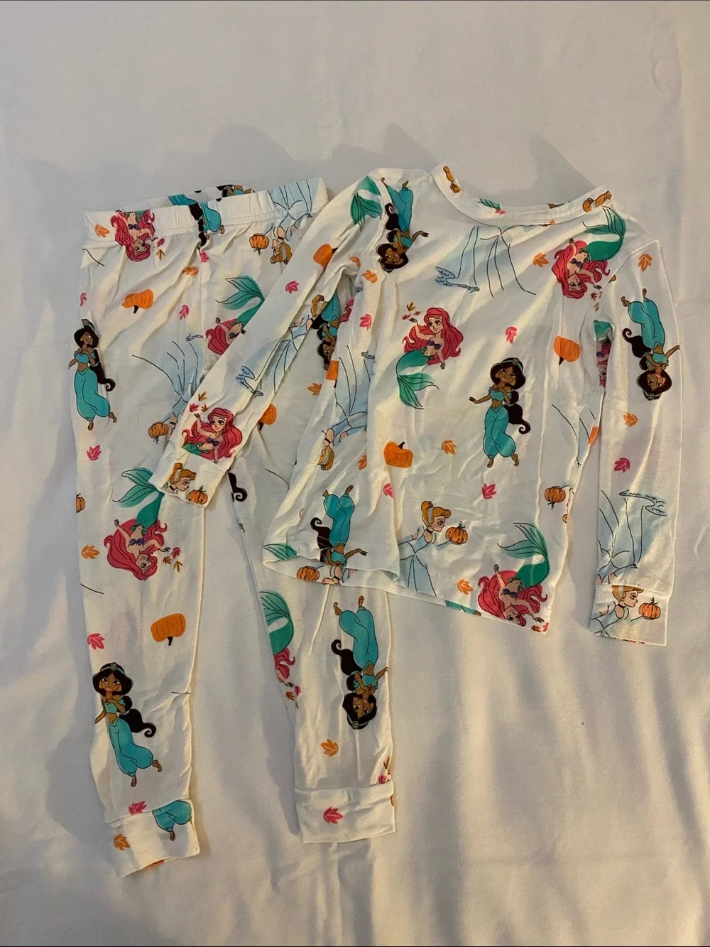 Disney Girls White Pajama Set with Teal, Pink and Orange Princess Prints